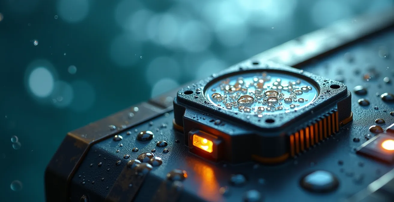 Macro view of an IoT tracker device showing its adaptive motion sensor technology and weatherproof casing.