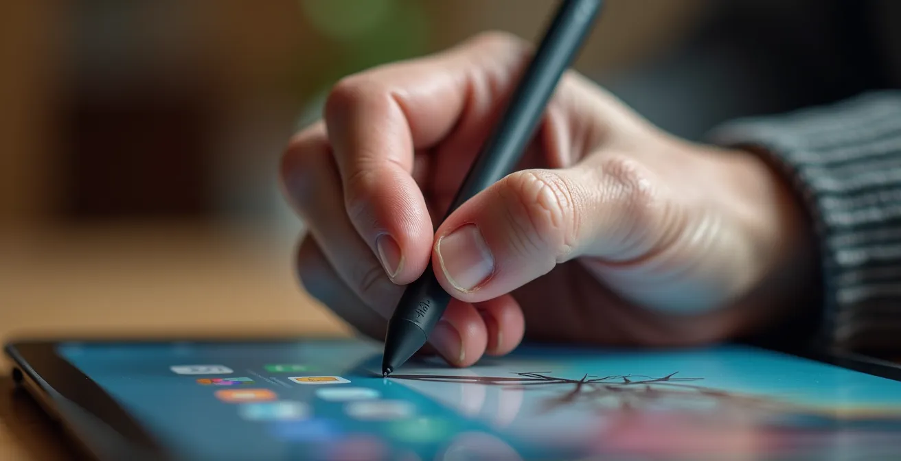 Close-up of arthritic hand using adaptive T-handle stylus on tablet screen