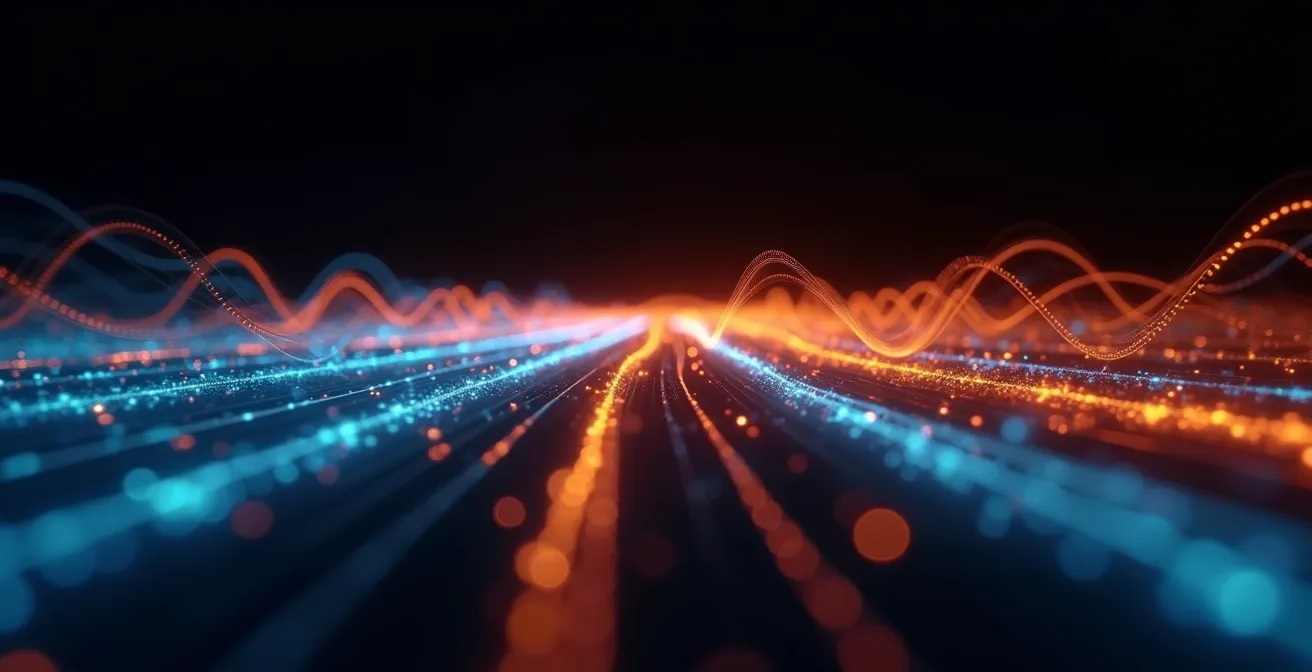 Abstract visualization of audio signal flow from source through processing to output