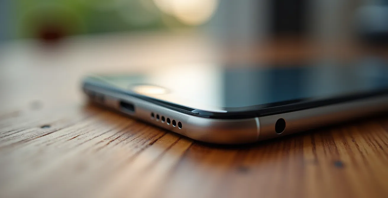 Clean workspace with a smartphone on a wooden desk showing a minimal interface during focus time.