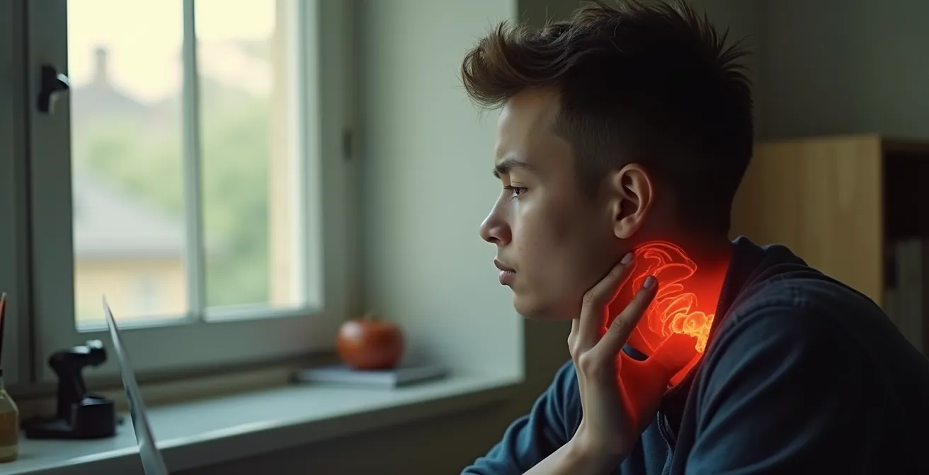 Side view showing proper versus improper neck posture while using laptop