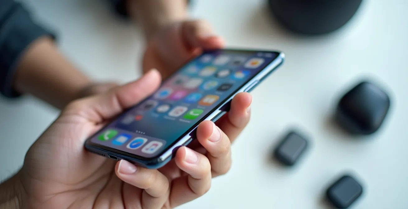 Close-up macro shot of hands holding a smartphone displaying a blurred list interface, with various Bluetooth devices like headphones and speakers arranged in the background