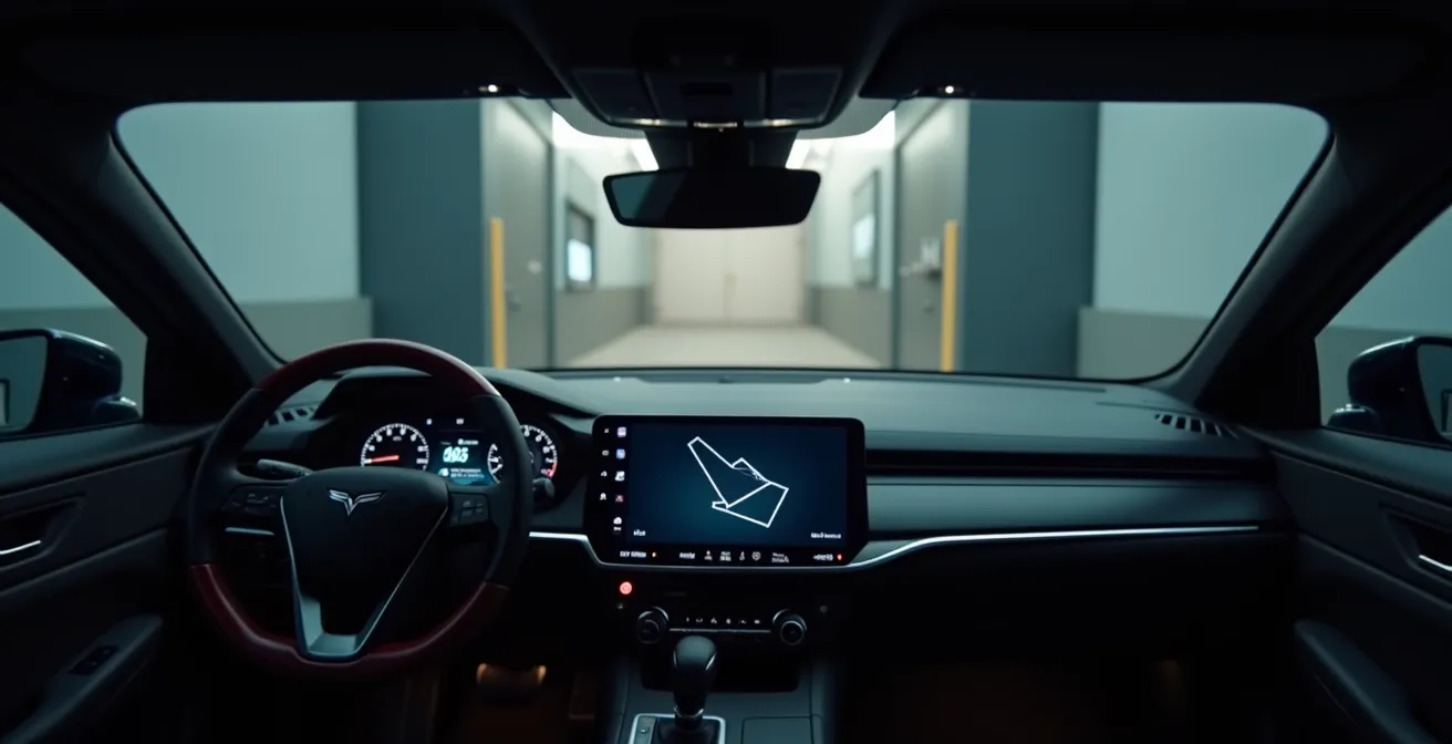 Vehicle interior showing update notification on dashboard display