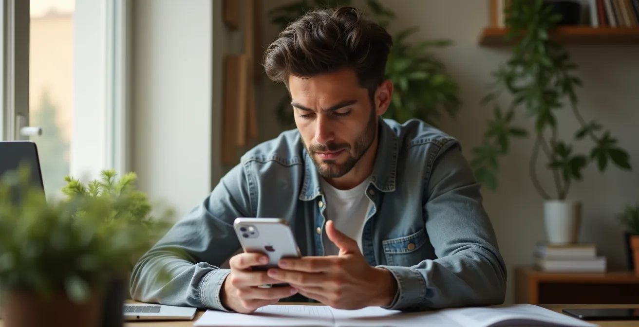 Person examining smartphone settings in home environment