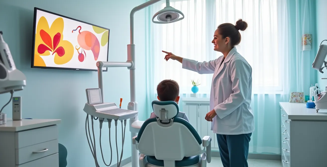 Dentist and child reviewing colorful brushing patterns on tablet