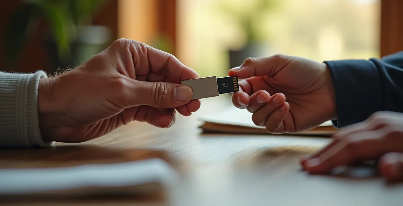 Hands passing encrypted USB drive and sealed envelope representing secure digital legacy transfer