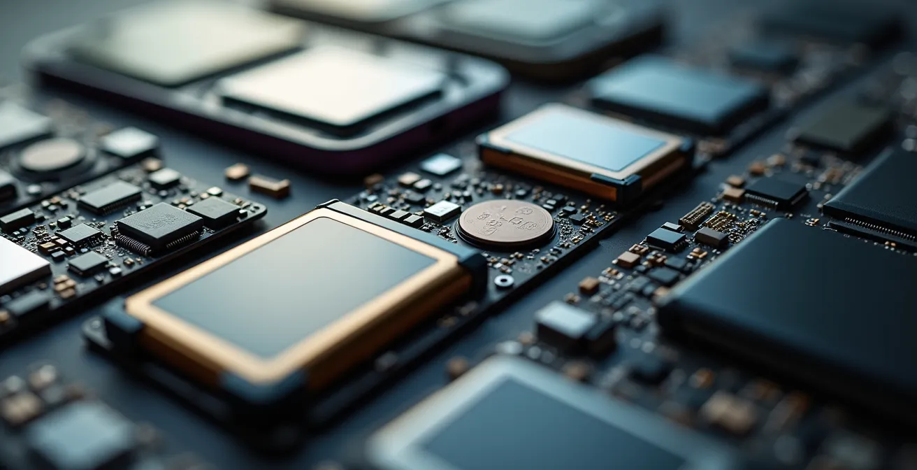 Macro shot of smartphone internal components arranged systematically
