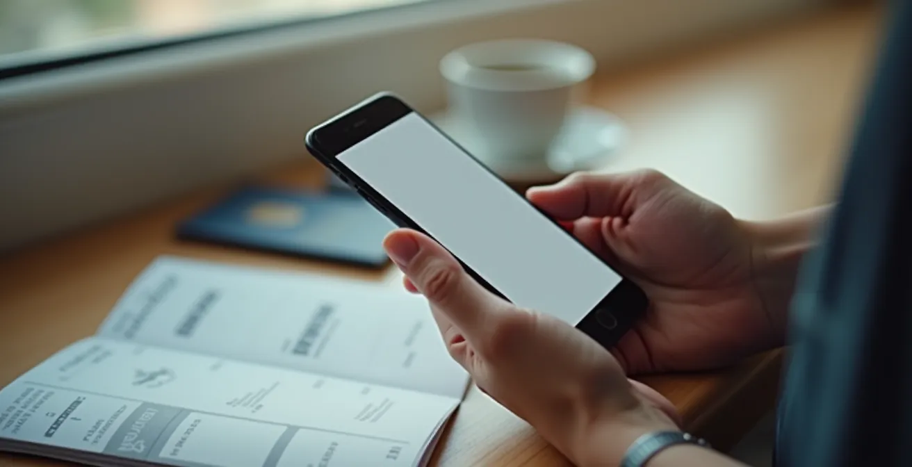 Hands configuring dual SIM settings on smartphone with travel documents nearby