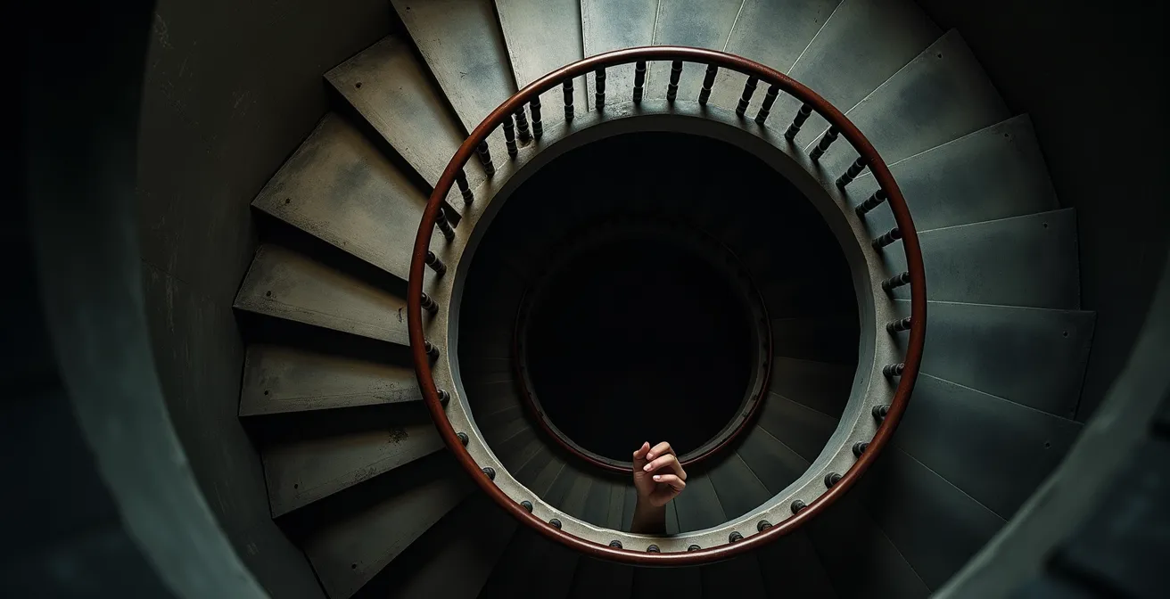 Abstract representation of infinite scroll concept with spiral patterns descending into darkness.