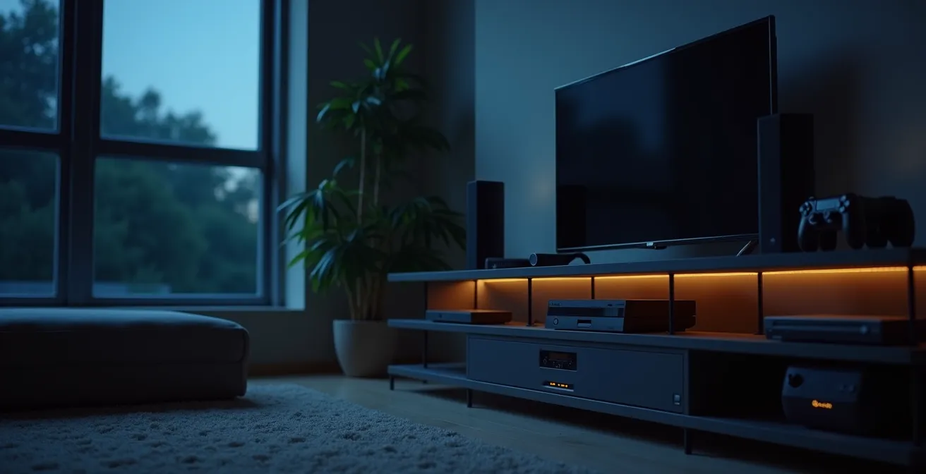 Wide shot of home entertainment center showing multiple devices in standby mode