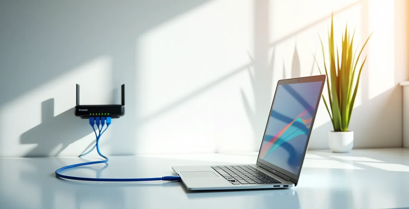Professional network testing setup with ethernet cables and laptop in minimalist home office