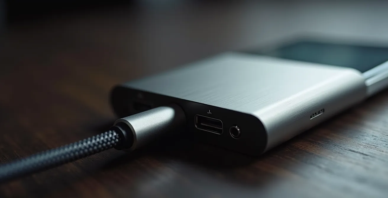 Close-up of external DAC connected to smartphone with high-end headphones
