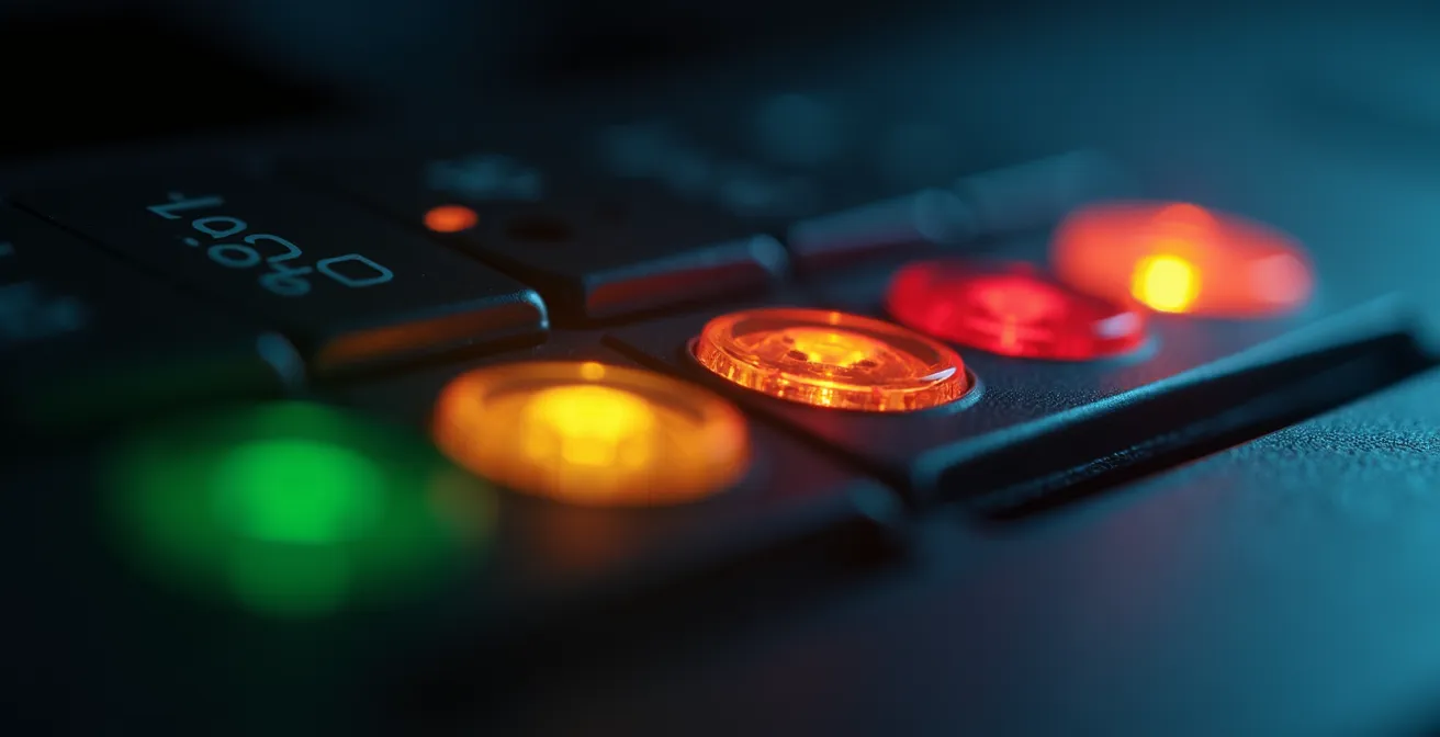 Close-up of optical network terminal showing various status indicator lights