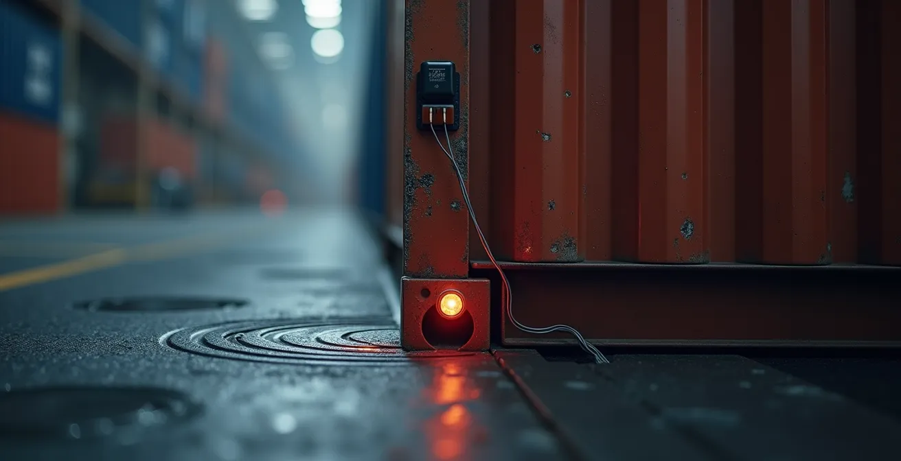 A visualization of shock impact waves radiating across a cargo container's surface, with a sensor detecting the event.