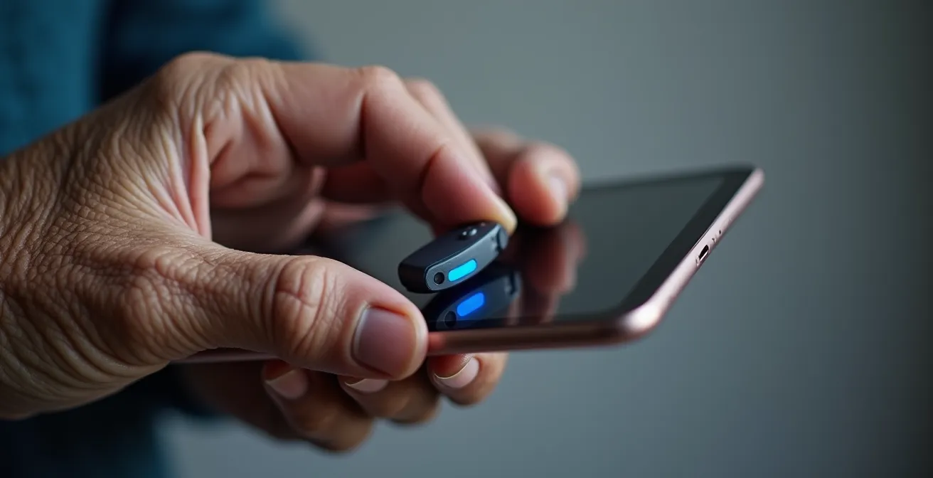 Close-up of hands connecting hearing aid to tablet with visible pairing interface