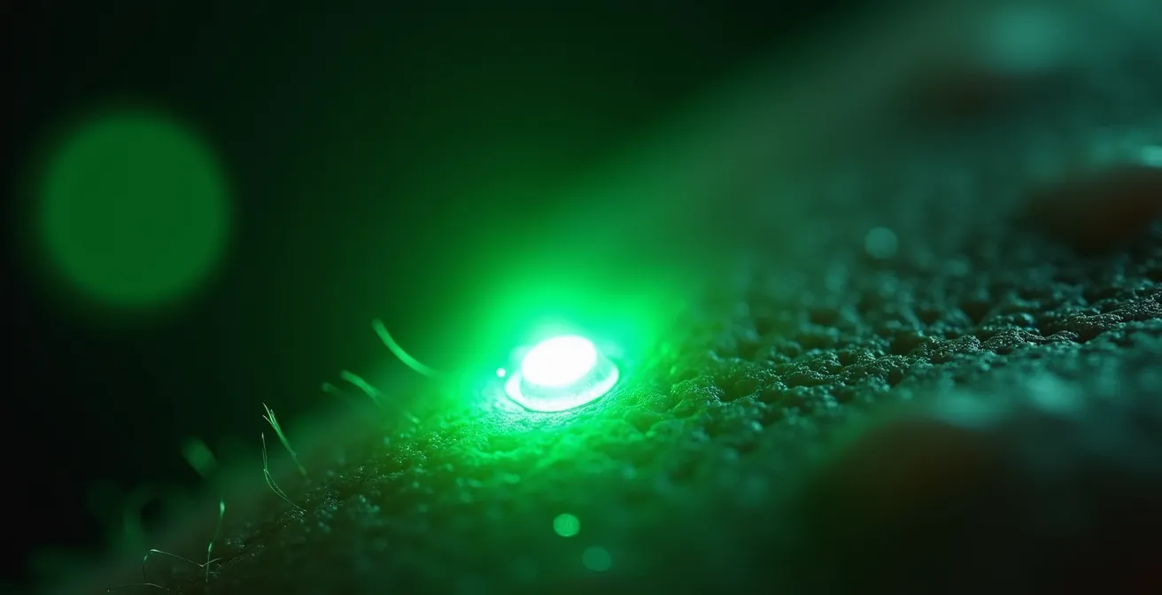Extreme close-up of pulse sensor light reflecting on skin surface