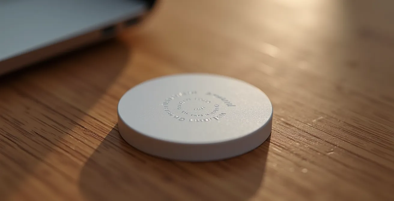 Close-up of discreet smart buttons and NFC tags integrated into home furniture