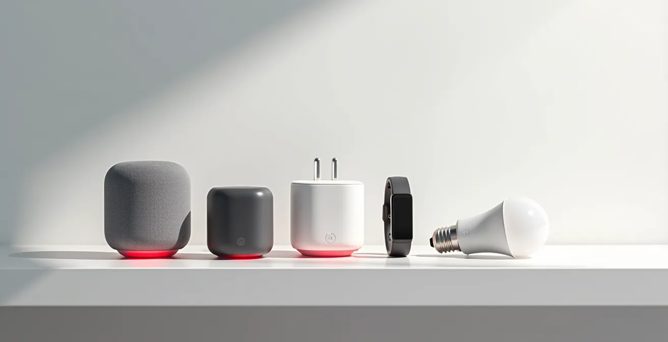 Array of smart home IoT devices on a minimalist shelf with subtle warning glow effect
