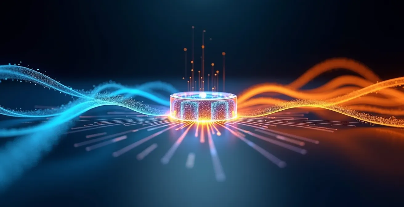 Abstract energy flow visualization showing power consumption patterns of 4G and 5G