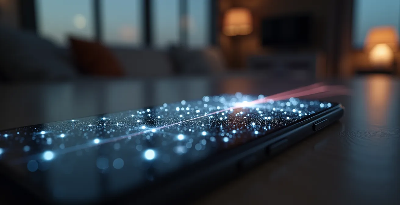Close-up of a smartphone with LiDAR scanning a room, showing glowing measurement points on furniture