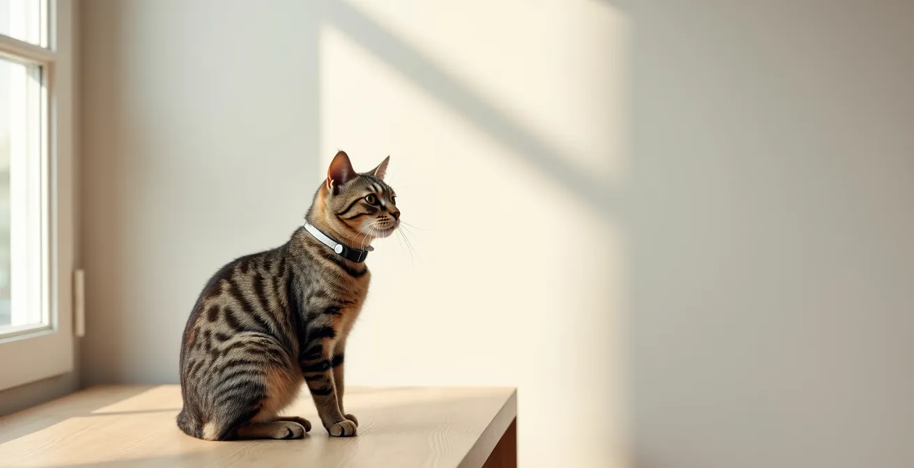 Small cat wearing low-profile tracker on breakaway collar, showing proper fit