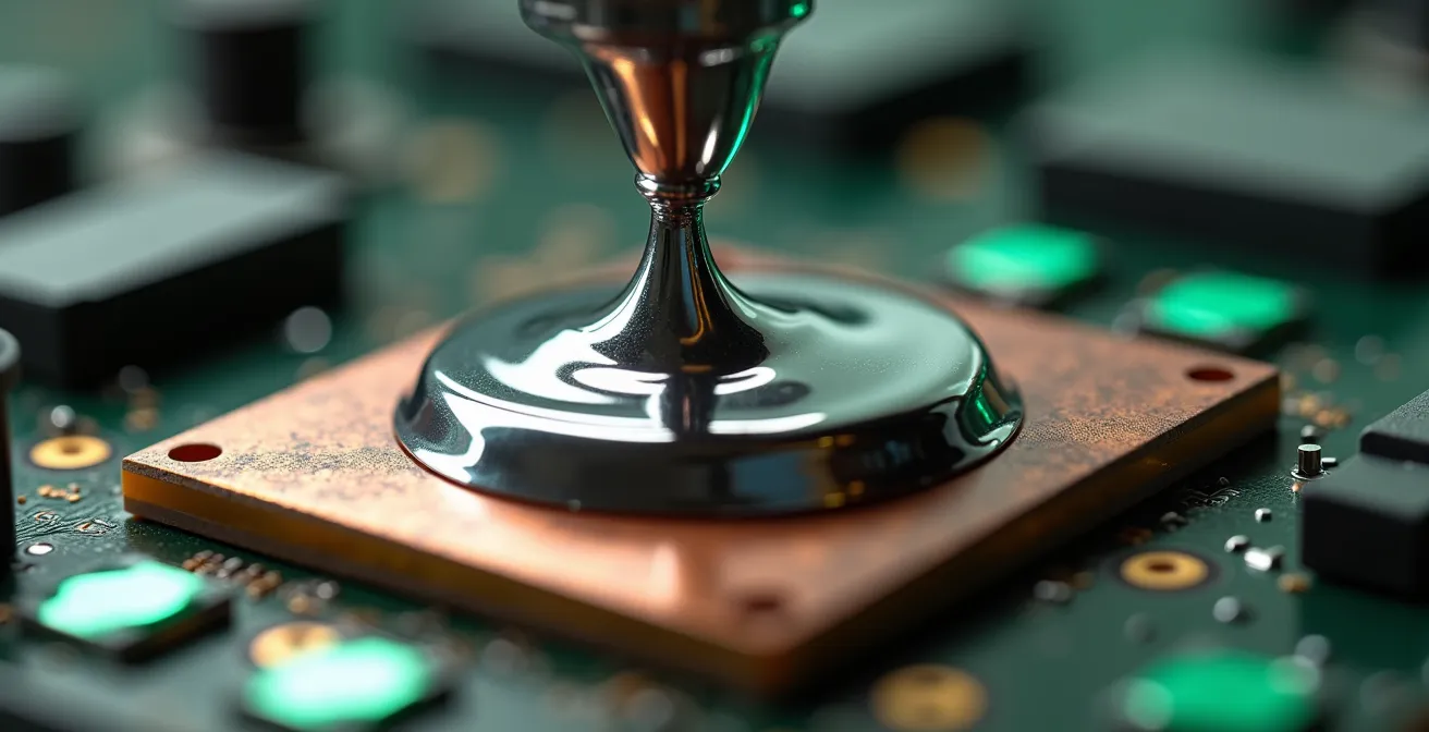 Extreme macro shot of liquid metal thermal paste on copper surface with protective barriers visible