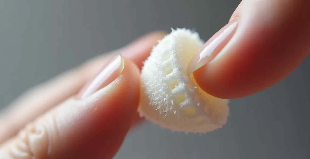 Extreme close-up of memory foam ear tip material showing porous texture and compression