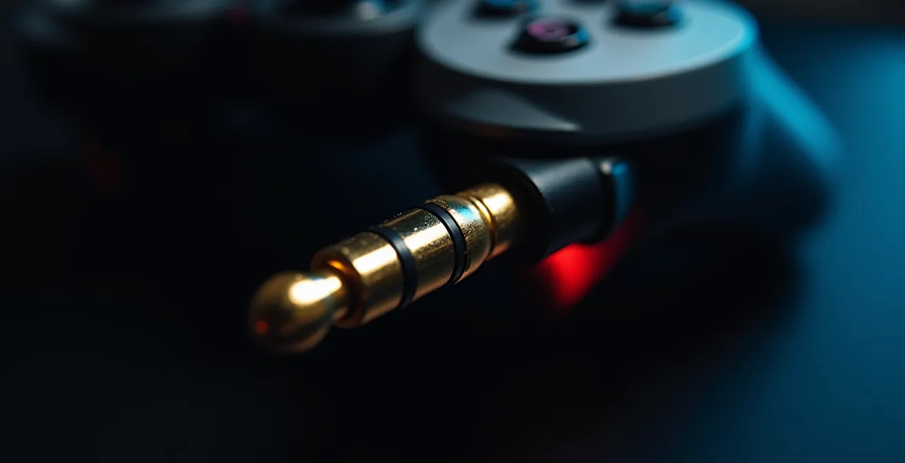 Extreme close-up of gold-plated audio jack being inserted into gaming device