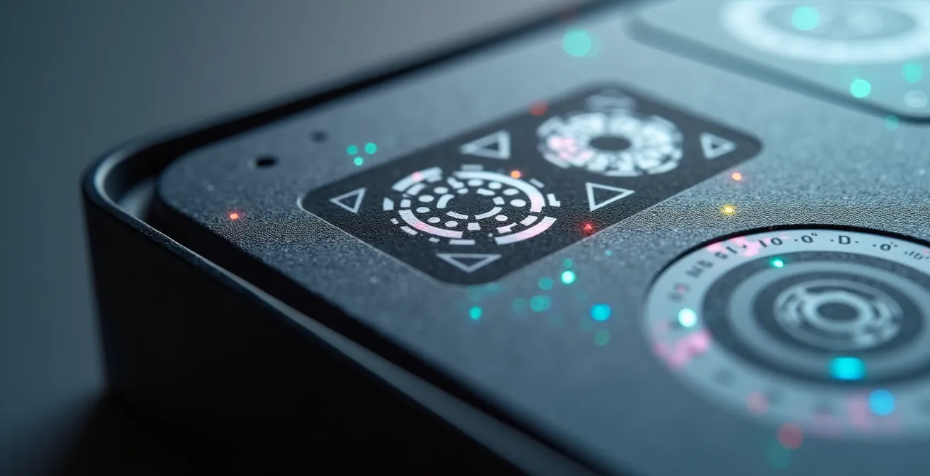 Close-up of smart home device packaging showing certification marks without readable text