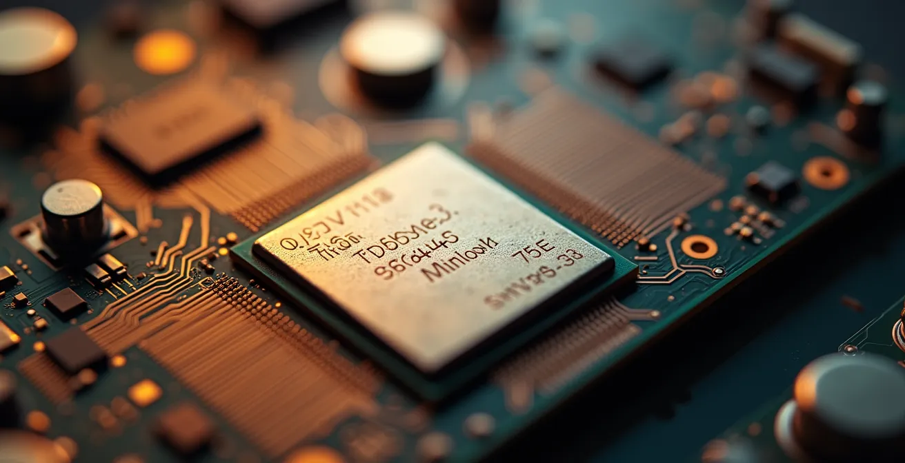 Extreme close-up of a mobile device's processor chip, highlighting the intricate circuitry that powers trading calculations.