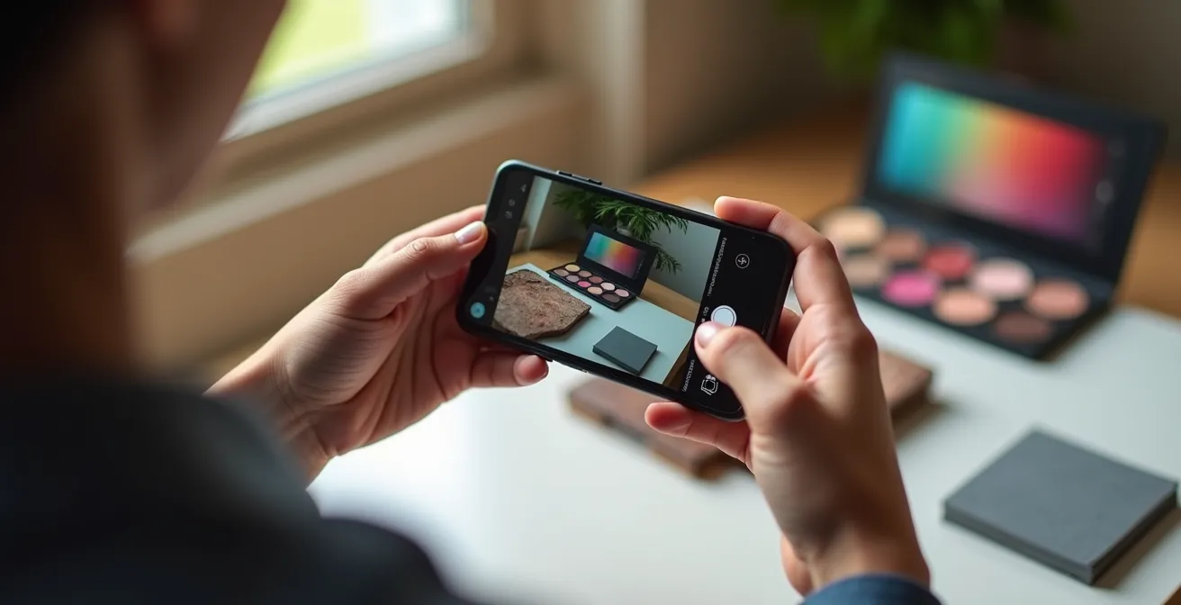 Close-up of hands holding smartphone editing product photo with visible color adjustment interface