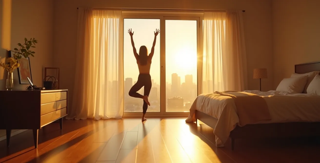 Person stretching by window in morning sunlight, phone placed face-down on distant nightstand