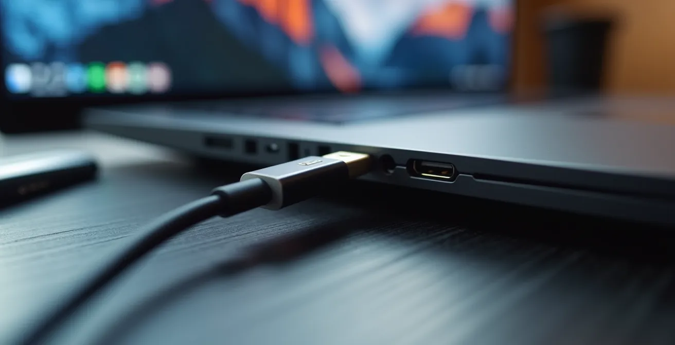 Close-up macro shot of a USB-C cable connecting to a portable monitor, symbolizing power efficiency.