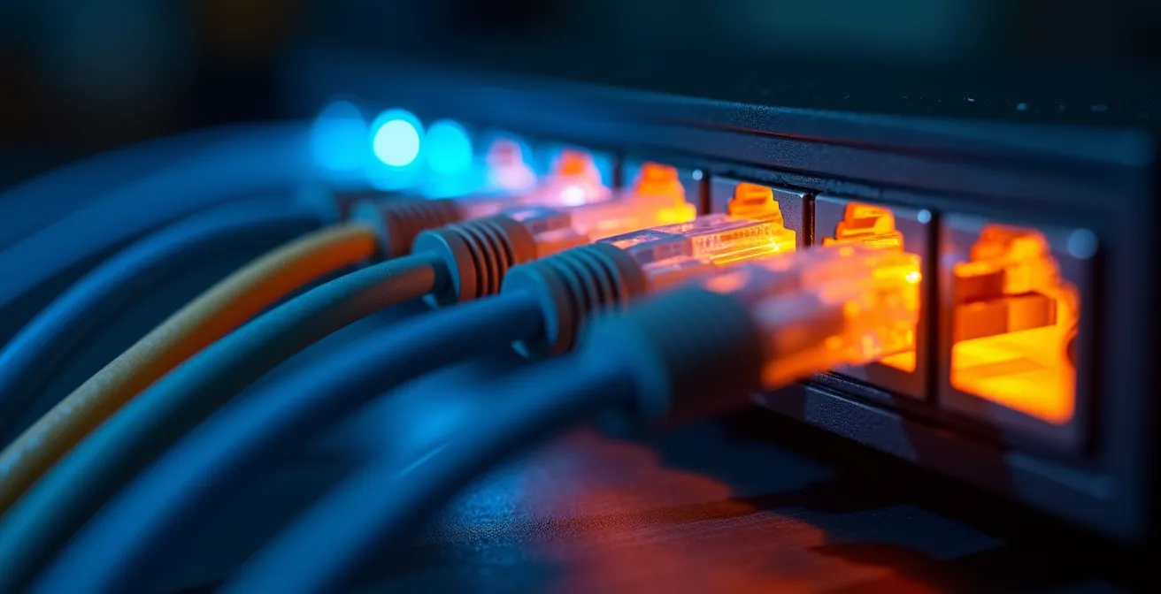 Macro shot of router ethernet ports with colored cables representing different traffic priorities