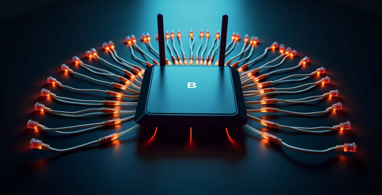 Close-up of router with visual representation of bandwidth allocation