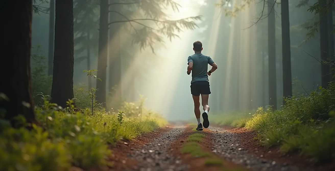 Runner on forest trail focusing ahead while smartwatch provides haptic feedback