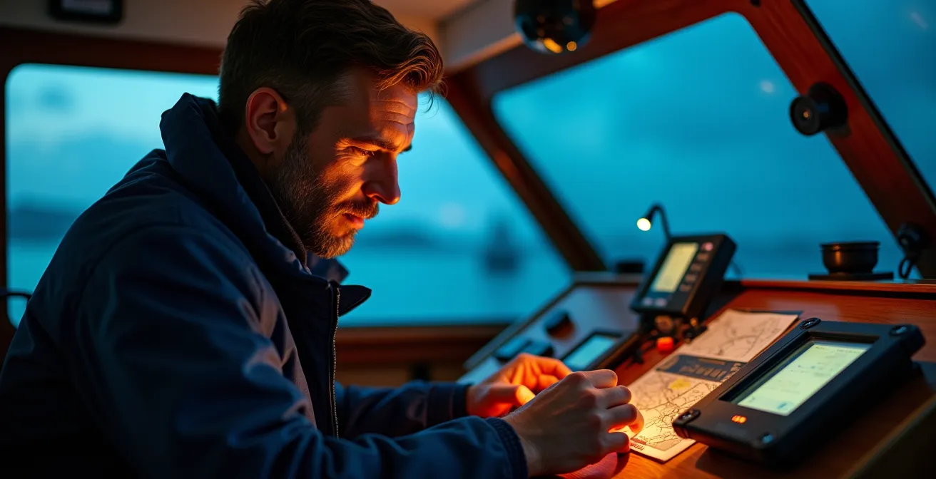 Sailor using satellite emergency communication system on yacht bridge at sunset