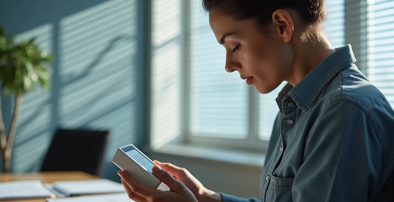 A logistics manager securely managing digital connectivity for an IoT device in a modern office environment.