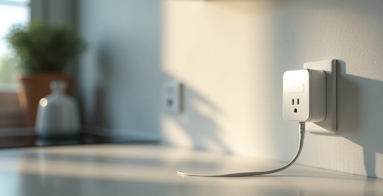 Smart plug with energy monitoring connected to kitchen appliances showing power consumption patterns