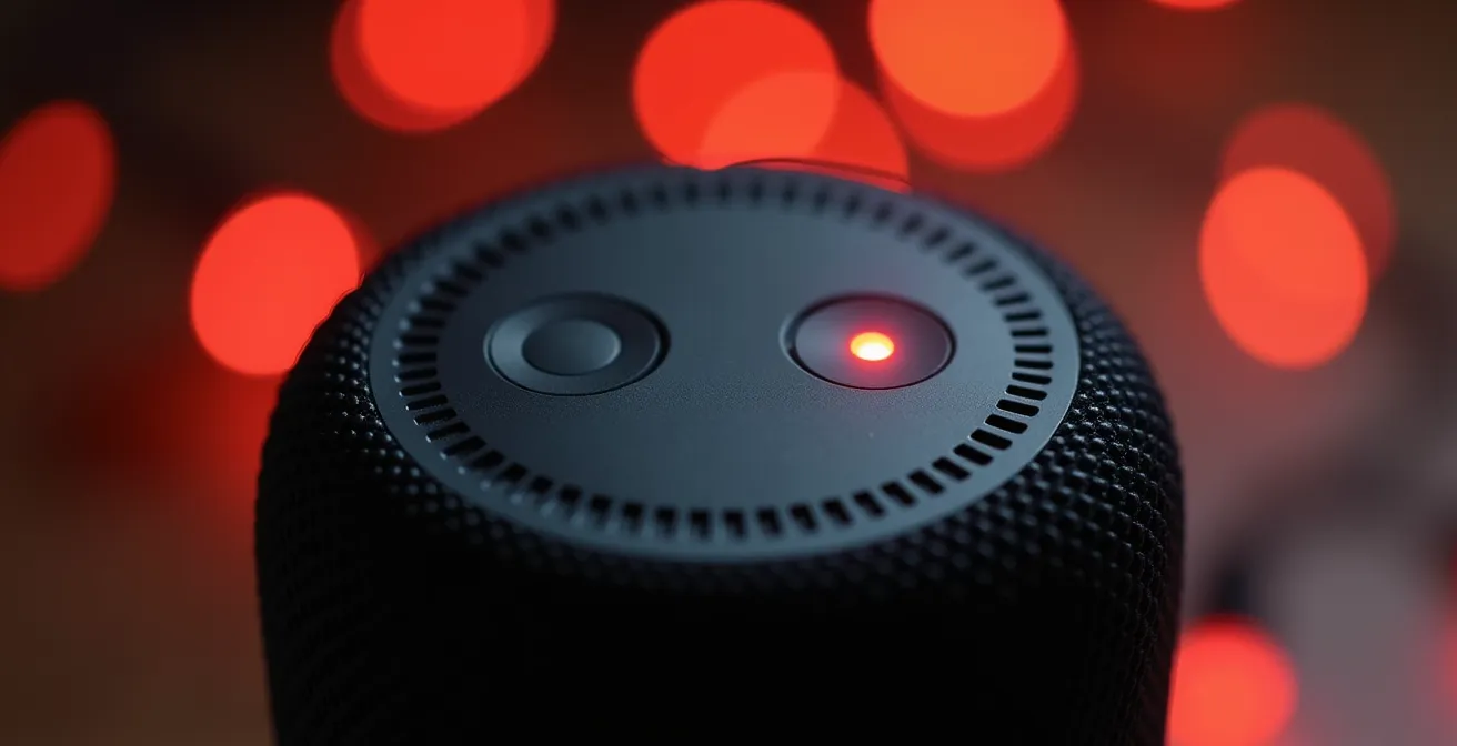 Smart speaker with visible mute button in social gathering setting