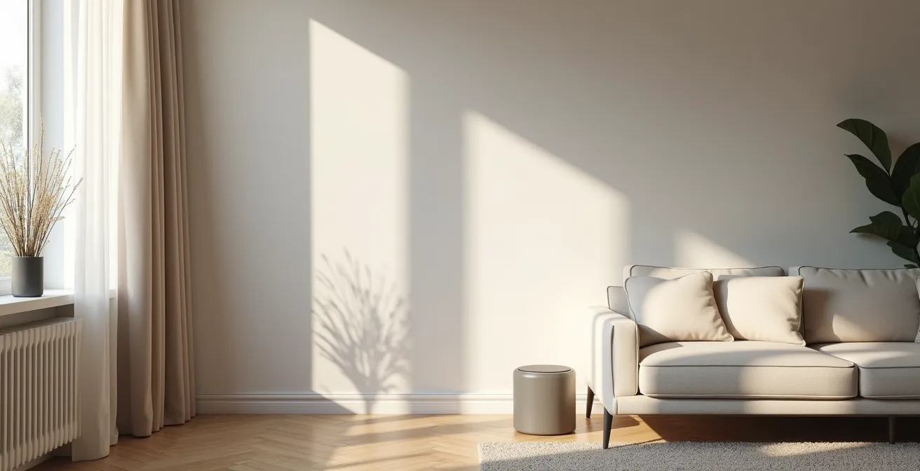 Wide shot of living room with smart speaker positioned strategically away from conversation areas
