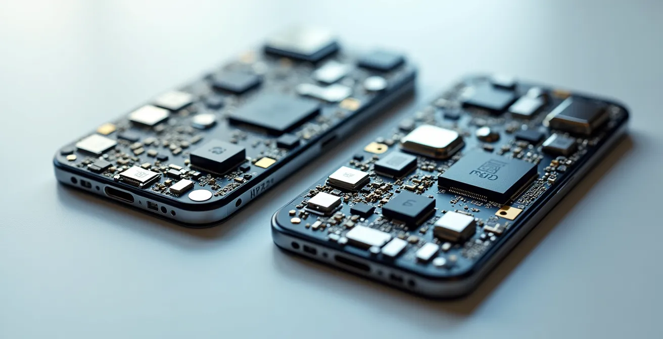 Close-up comparison of smartphone circuit boards showing different antenna configurations