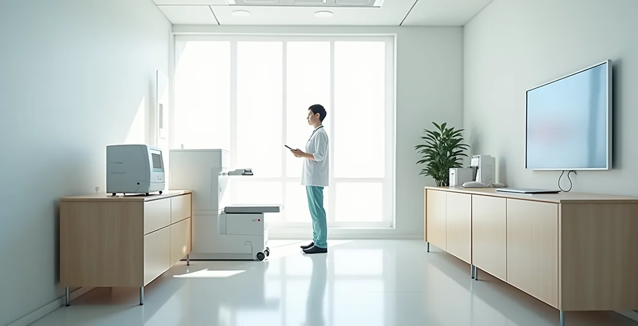 Healthcare professional conducting technical checks on telemedicine equipment before consultation