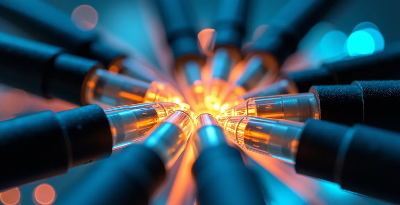 Close-up macro shot of fiber optic cables with light pulses representing data flow