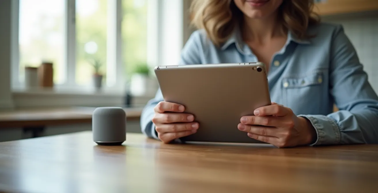 Parent configuring smart speaker settings on tablet for child safety