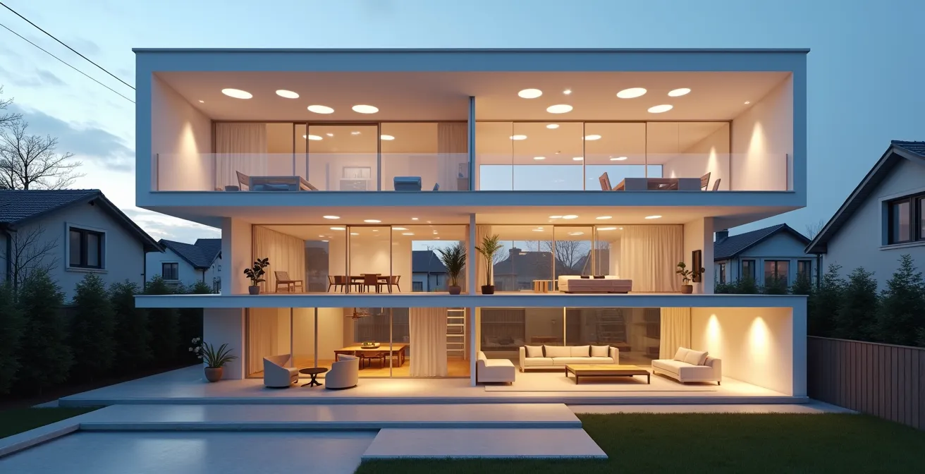 Cross-section view of a multi-story house showing optimal mesh node placement for vertical Wi-Fi coverage